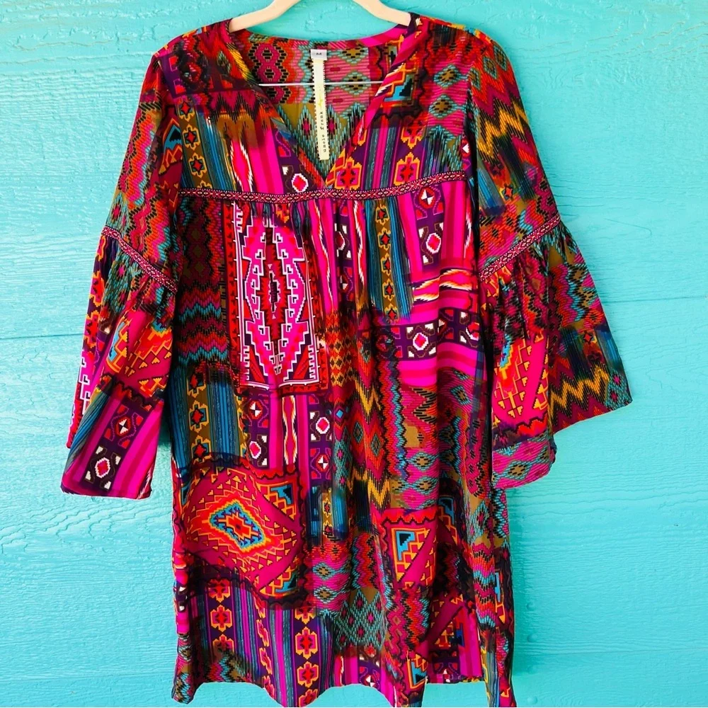 Uncle Frank Patchwork Dress Aztec Western Print V-Neck 3/4 Bell Sleeves M - Picture 9 of 11